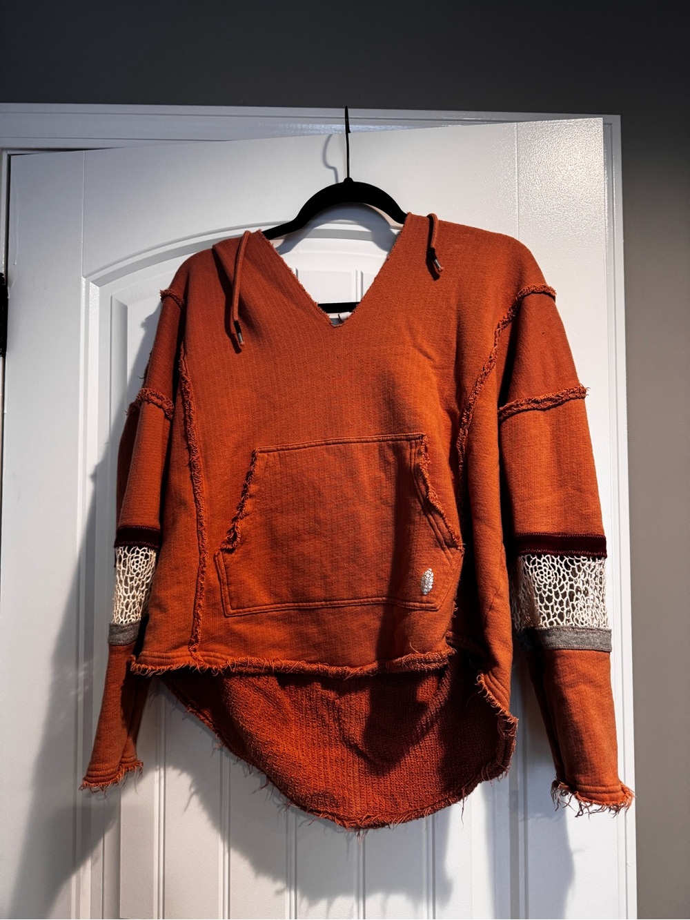 Free People FP Movement Hoodie M Rust Orange Crochet Distressed Oversized Boho